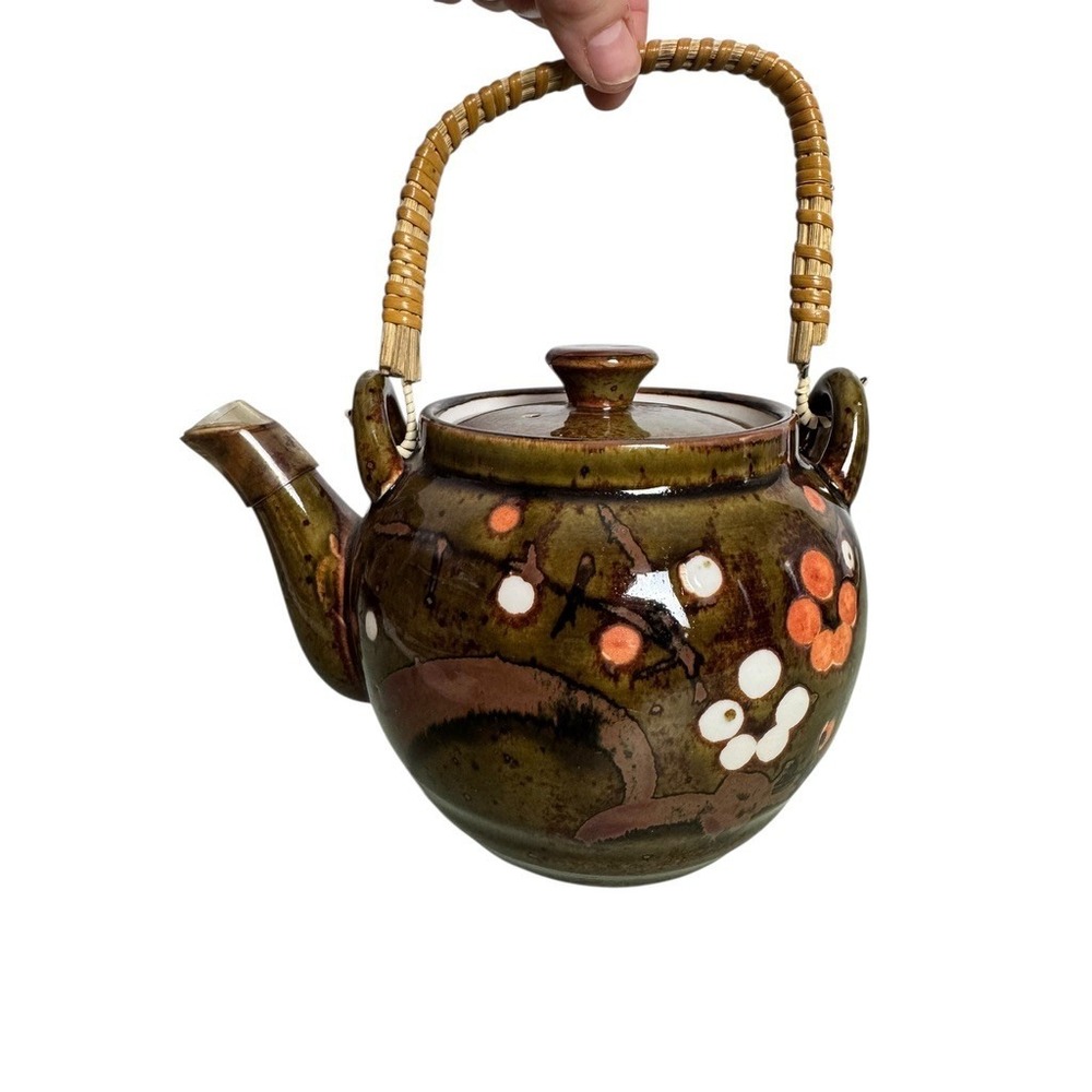 Vintage‎ Japanese Glazed Ceramic Teapot Brown Hand-Painted Lidded Bamboo Handle
